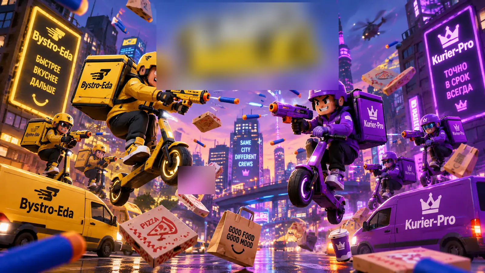 Bystro-Eda vs Kurier-Pro couriers battle in a neon city